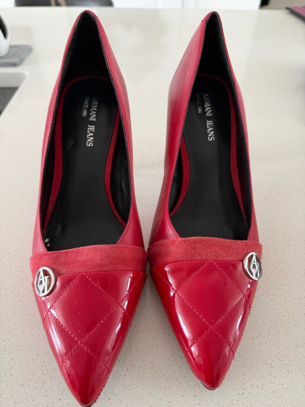 Armani Jeans Red Quilted Pointed-Toe Pumps with Logo Accent